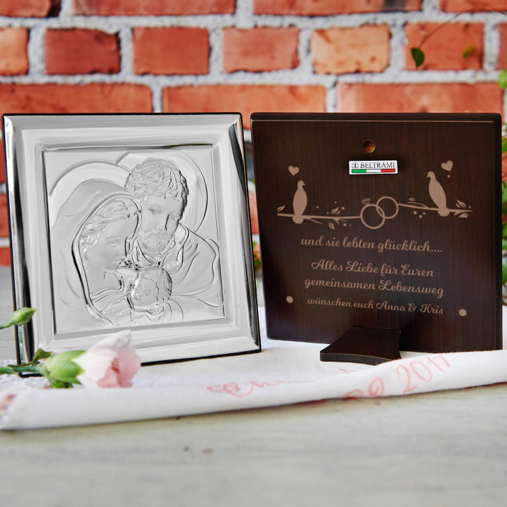 Glücklich - Hl. Familie - Quadrat - Silbernes Bild mit Gravur